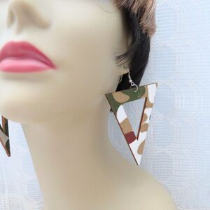Dangle Earrings Women 4 Inches Triangle Brown And Green Camo Unique Lightweight